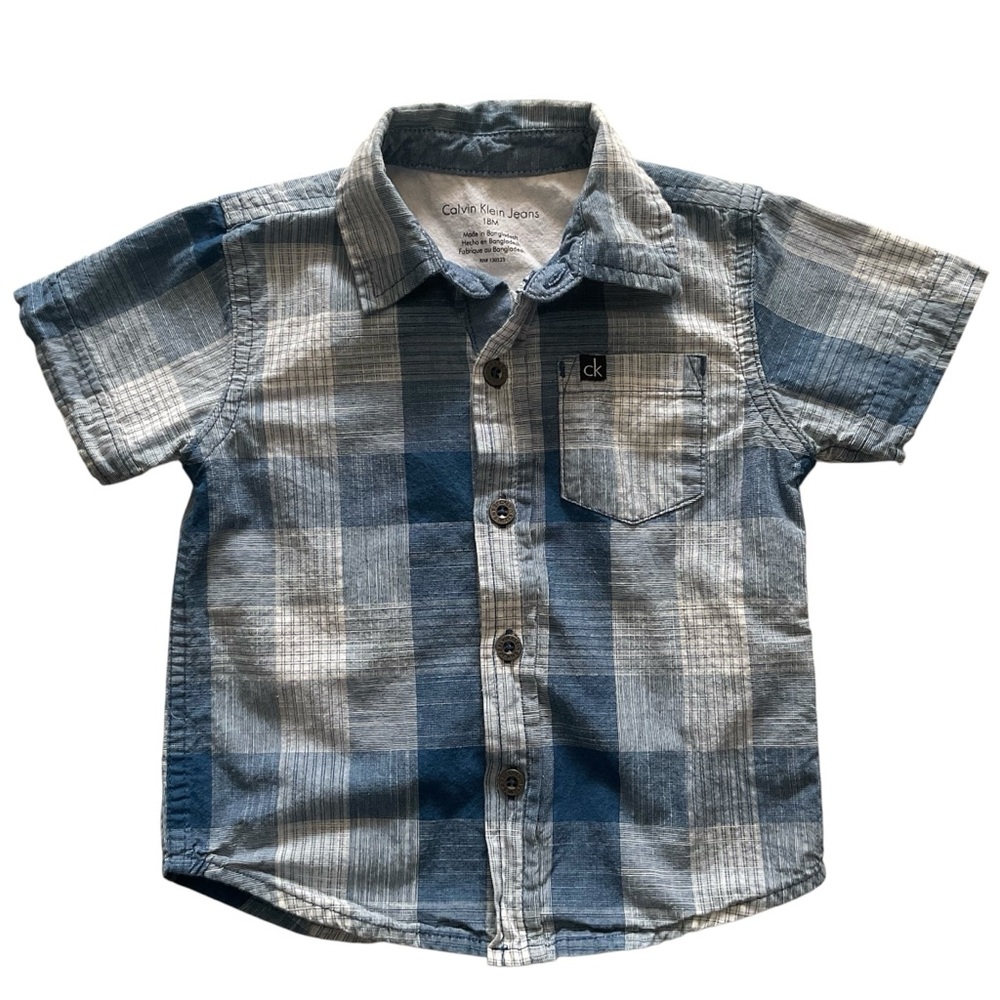 CALVIN KLEIN JEANS Short Sleeve Button Front Shirt Blue Plaid Toddler Size 18m